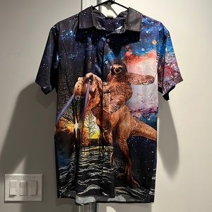 Mens button down short sleeve shirt. Sloth riding T-Rex